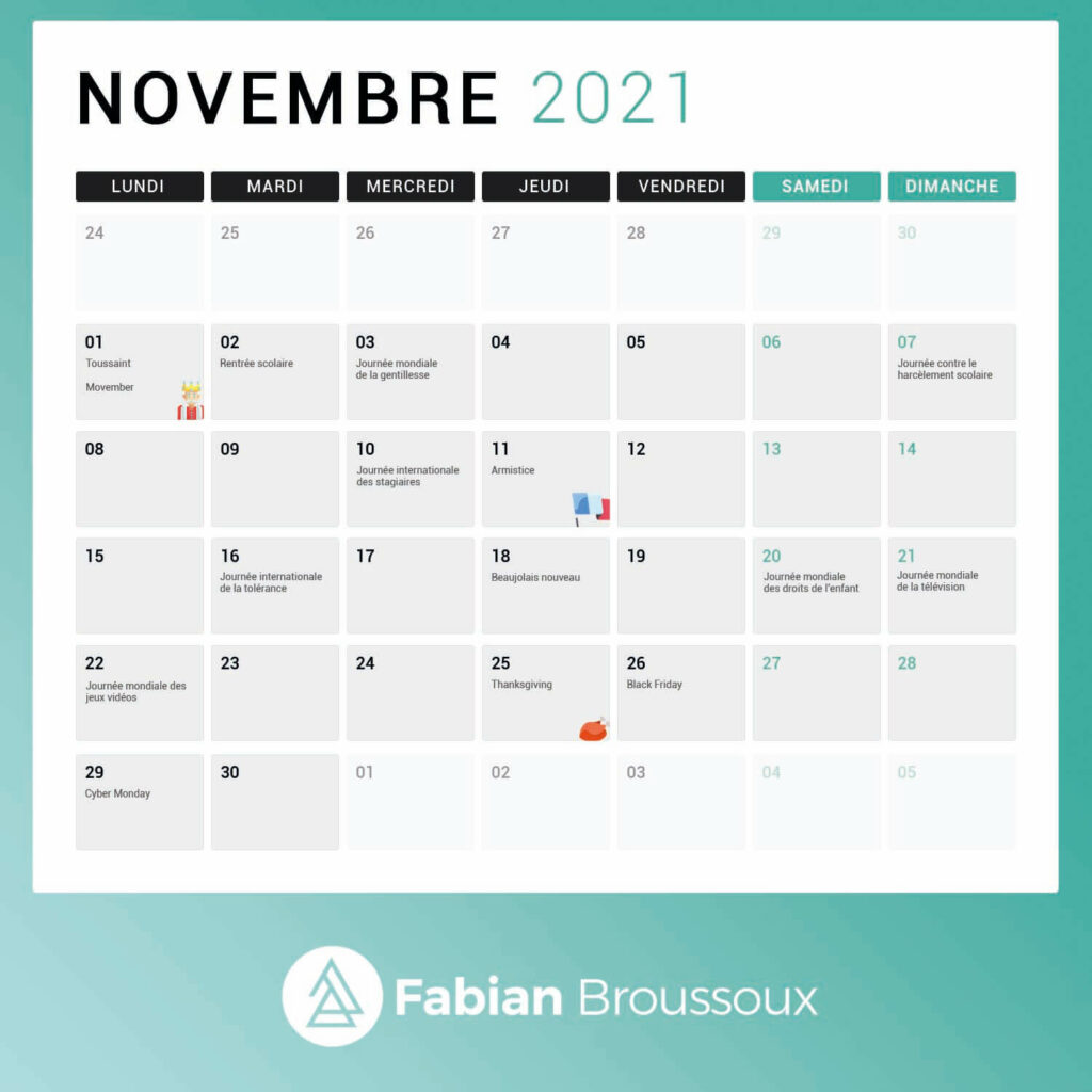 Calendrier Réseaux sociaux Novembre 2021