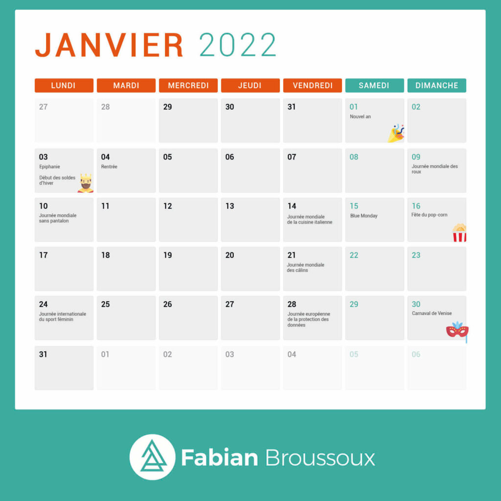 Calendrier Marronniers Réseaux sociaux Janvier 2022