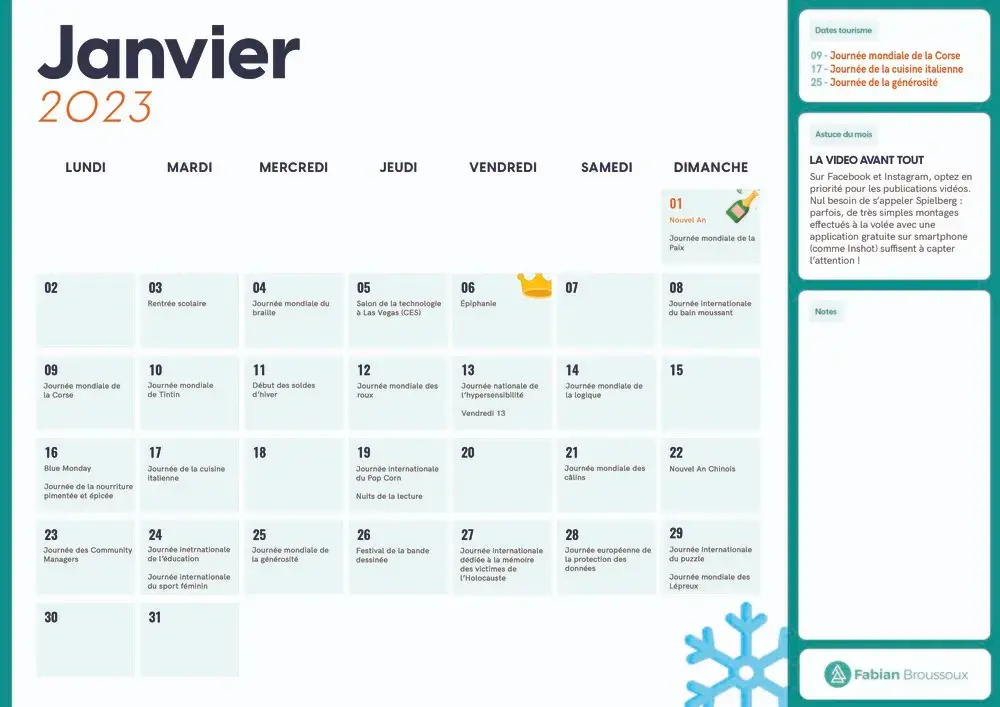 Calendrier social media Janvier 2023